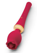 Secret Kisses Rosegasm Bouquet Rose Wand Vibrator Red featuring a rose silhouette and pink exterior.