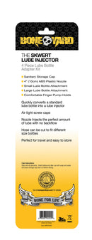 Boneyard Skwert Lube Injector 4 Piece Set packaging showcasing features and adapter kit details for easy lubrication.