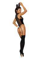 Dreamgirl Bunny Vixen Garter Teddy Costume One Size Black displayed on model with bunny ears and garter straps.