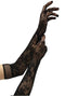 Black flower lace opera gloves by Baci, featuring full-length elegant floral design.