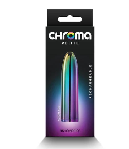 Chroma Petite Bullet Rechargeable Vibrator packaging featuring sleek design and vibrant colors.
