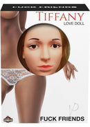 Fuck Friends Tiffany Vibrating Inflatable Love Doll Vanilla in packaging with realistic features and design.