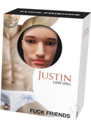 Fuck Friends Justin 59 Inch Inflatable Love Doll Vanilla packaging showcasing realistic face and design.