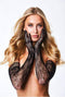Model wearing black flower lace opera gloves by Baci, showcasing elegant full-length design and intricate floral details.