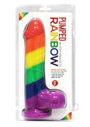 Pumped Rainbow 9 Inch Silicone Realistic Dildo with Balls in colorful packaging for vibrant intimate play.