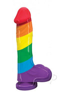 Pumped Rainbow 9 Inch Silicone Realistic Dildo with Balls featuring vibrant rainbow colors and lifelike shape.