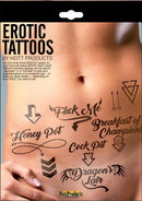Hott Products Erotic Tattoos Assorted Pack Black featuring playful adult sayings on skin.