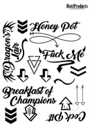 Hott Products Erotic Tattoos Assorted Pack Black featuring playful temporary tattoo designs.