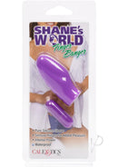 Shane's World Finger Banger Silicone Finger Vibrator Purple packaging showcasing the compact design and features.