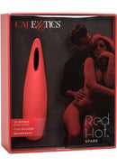 Red Hot Spark USB Rechargeable Silicone Mini Vibrator Red in packaging, showcasing its 10 intense functions and waterproof design.