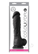 Coloursoft 8 Inch Silicone Dildo Black displayed in packaging with lifelike details and suction cup base.