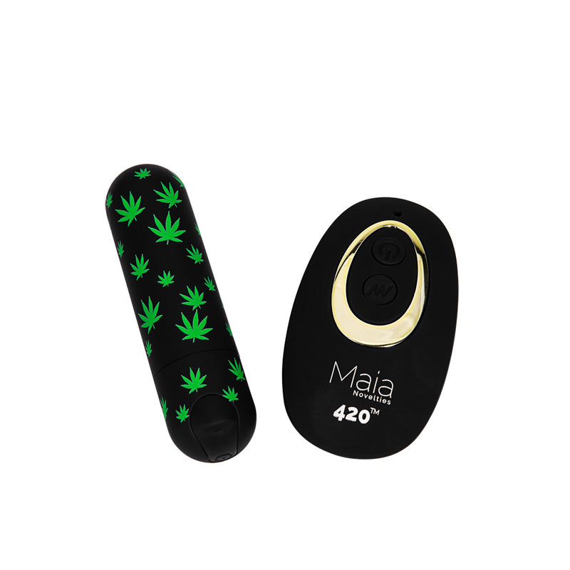 Maia Date Night 420 Panty Vibe S M featuring a green leaf bullet vibrator and control, perfect for discreet pleasure.