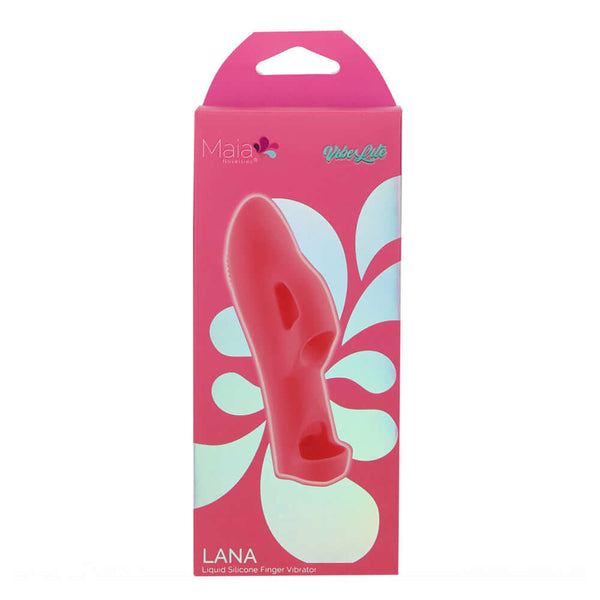 Lana Liquid Silicone Finger Vibrator Red by Maia Toys packaging design in vibrant pink.