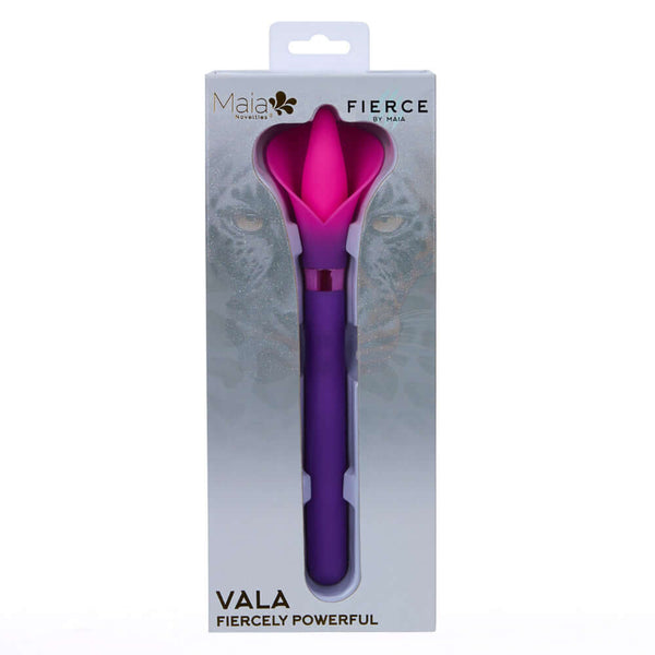 Vala Dual Jaguar Power Flower Vibrator Purple by Maia Toys packaging showcasing its elegant design and powerful features.