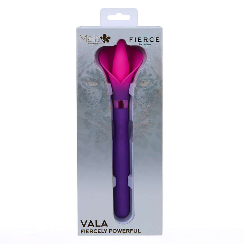 Vala Dual Jaguar Power Flower Vibrator Purple by Maia Toys packaging showcasing its elegant design and powerful features.