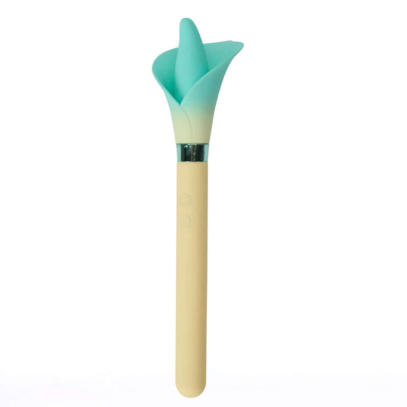 Vala Dual Jaguar Power Flower Vibrator Yellow by Maia Toys with a flower-shaped silicone design in aqua and beige.