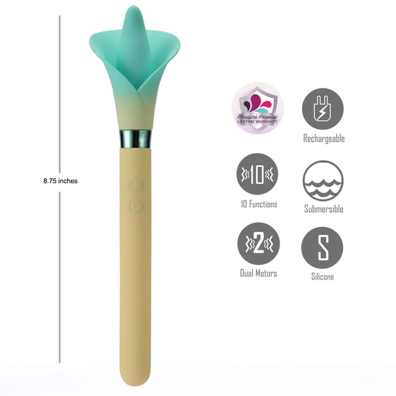 Vala Dual Jaguar Power Flower Vibrator Yellow by Maia Toys features, 8.75 inches, 10 functions, dual motors, rechargeable design.