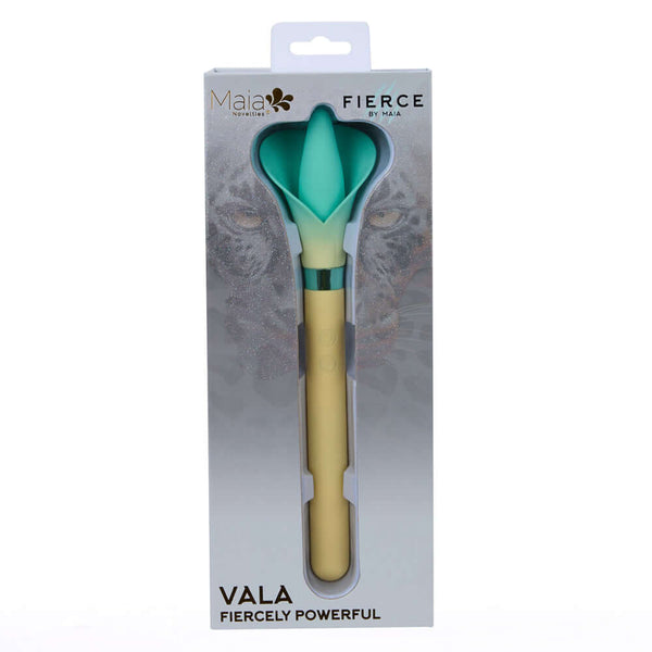 Vala Dual Jaguar Power Flower Vibrator Yellow by Maia Toys in elegant packaging showcasing its unique design.