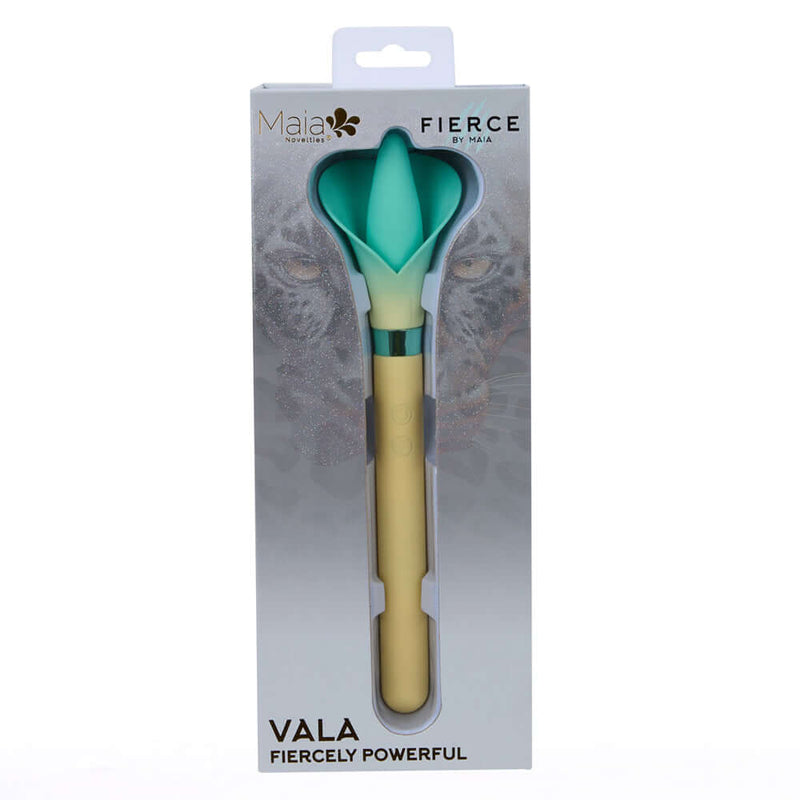 Vala Dual Jaguar Power Flower Vibrator Yellow by Maia Toys in elegant packaging showcasing its unique design.