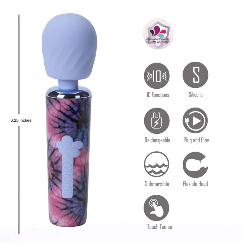 Journee Jaguar Power Wand Tie Dye by Maia Toys, featuring silicone head and colorful tie-dye design, 10 functions, and flexible head.