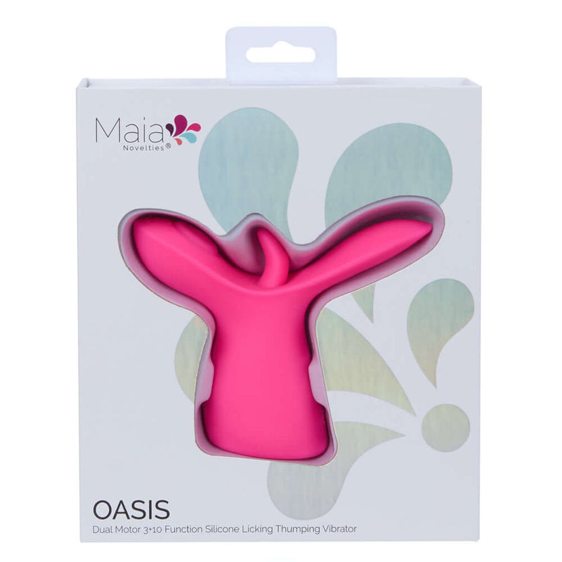 Oasis Licking and Thumping Vibrator Pink by Maia Toys in its packaging showing vibrant design.
