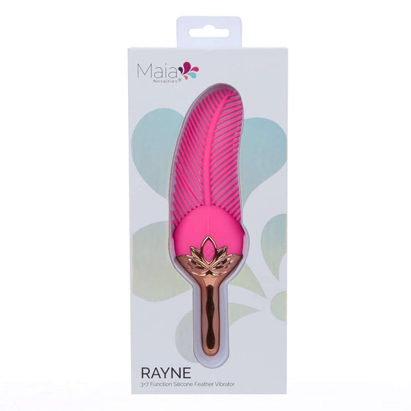 Rayne Silicone Feather Vibrator Pink by Maia Toys in packaging, showcasing its elegant design and features.