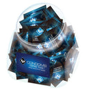ID Extra Thin Latex Condoms 144 Count Jar in a clear container, showcasing individual packets.