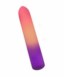 Play With Me Sunset Passion Rechargeable Silicone Vibrator in a sleek gradient design showcasing pink and purple shades.