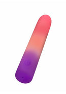 Play With Me Sunset Passion Rechargeable Silicone Vibrator in a vibrant pink to purple gradient design.
