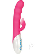 Evolved Instant-O G-Spot Vibrator with Clitoral Suction Pink features a ribbed pink design and control buttons for dual stimulation.