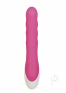 Evolved Instant-O G-Spot Vibrator with Clitoral Suction Pink, featuring a curved, softly ribbed shaft for dual stimulation.