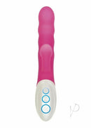 Evolved Instant-O G-Spot Vibrator with Clitoral Suction Pink featuring ribbed shaft and clitoral suction.
