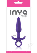 Inya Prince Silicone Butt Plug Small Purple packaging with slim, tapered design for comfortable anal exploration.