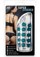 M for Men Super Stroker Masturbator Clear packaging featuring massaging pearls and ribbed love tunnel.