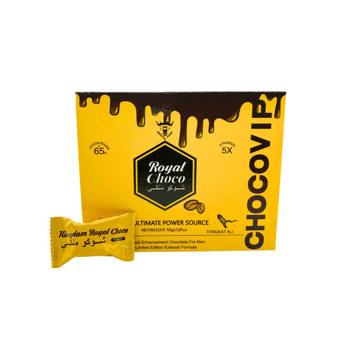 Kingdom Royal Choco Power VIP box with chocolate sachet for male enhancement and vitality support.