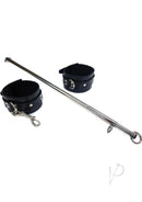 Rouge Adjustable Leg Spreader Bar with Leather Cuffs Black displayed with matching black cuffs and a silver spreader bar.