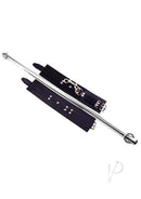 Rouge Adjustable Leg Spreader Bar with Leather Cuffs Black displayed with cuffs and telescoping bar in black leather.