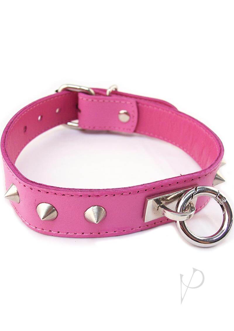 Rouge O Ring Studded Adjustable Leather Collar Pink featuring bold riveted studs and removable O-ring for bondage play.