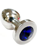 Rouge Smooth Stainless Steel Anal Plug Medium Blue Jewel with polished finish and blue gemstone accent.