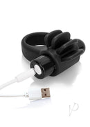Charged Skooch Vibrating Silicone Cock Ring Black with USB charging cable, textured design for couples' stimulation.