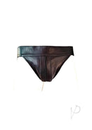 Rouge Leather Zip Jocks Small Black featuring a front zipper and striking leather design.