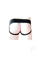 Rouge Leather Zip Jocks Small Black displayed on a mannequin, showcasing the sleek back design and contrasting waistband.