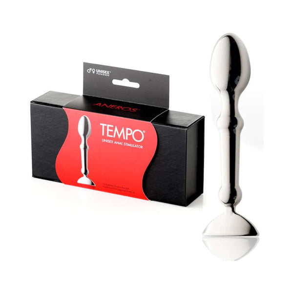Aneros Tempo Stainless Steel Unisex Anal Stimulator next to its box packaging.