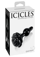 Icicles No 77 Flower Shaped Glass Anal Plug Black in elegant packaging with a decorative design.