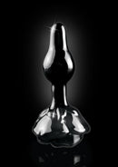 Icicles No 77 Flower Shaped Glass Anal Plug Black displayed against a dark background, emphasizing its elegant design.