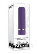 Evolved Purple Passion Silky Smooth Bullet Vibrator in packaging with a sleek design and seven vibration functions.