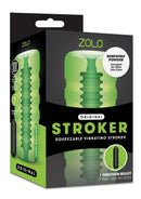 Packaging of ZOLO Original Stroker Squeezable Vibrating Masturbator Green with features highlighted.