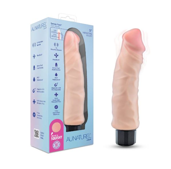 Au Naturel Big Easy Vibrating Dildo 9 inches Vanilla in packaging with detailed features and design showcased.