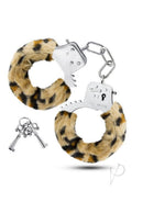 Temptasia Faux Fur Cuffs Leopard featuring soft fur lining and metal cuffs with keys for playful role play.