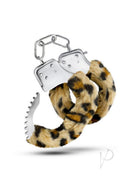 Temptasia Faux Fur Cuffs Leopard with leopard print fur and metal design for playful role play.